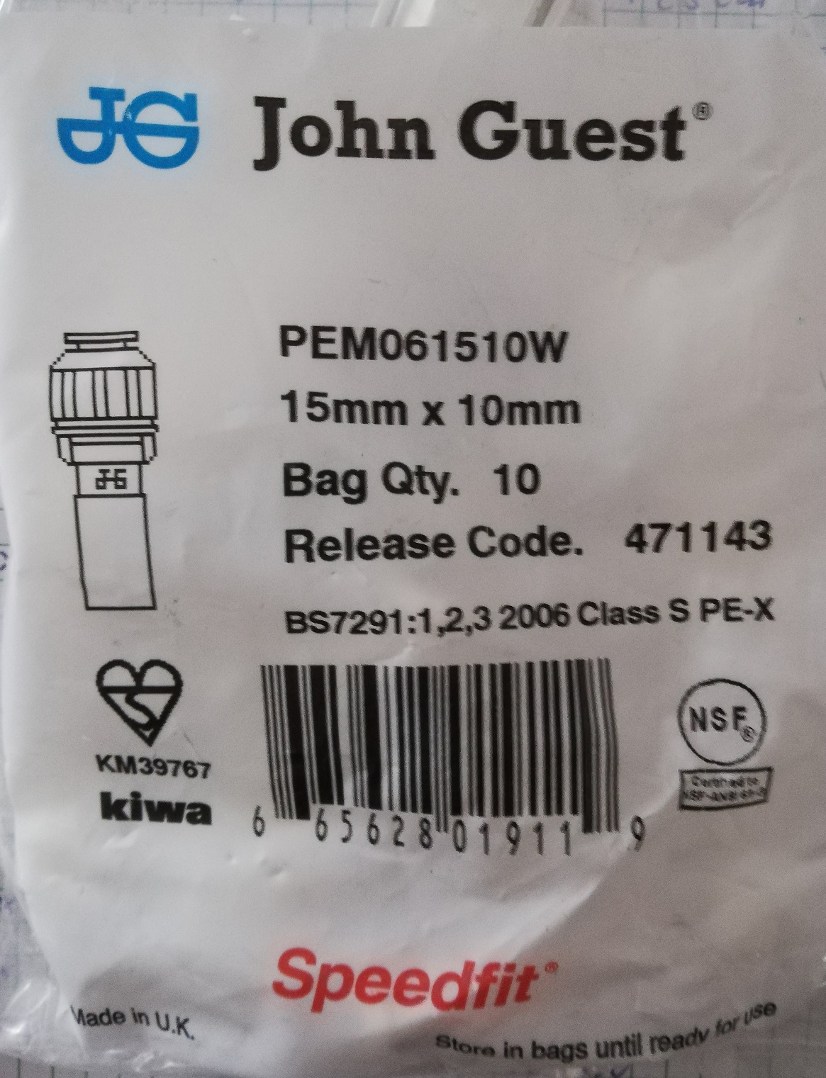 John Guest Reduktion zum Einstecken 15mm - 10mm PEM061510W