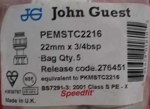 John Guest Hahnadapter gerade - PEMSTC2216
