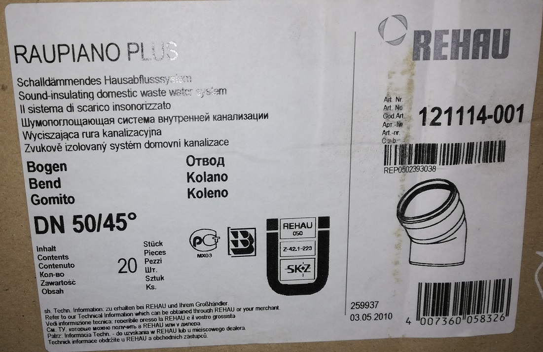 Rehau Raupiano Bogen DN50 45 Grad 121114-001