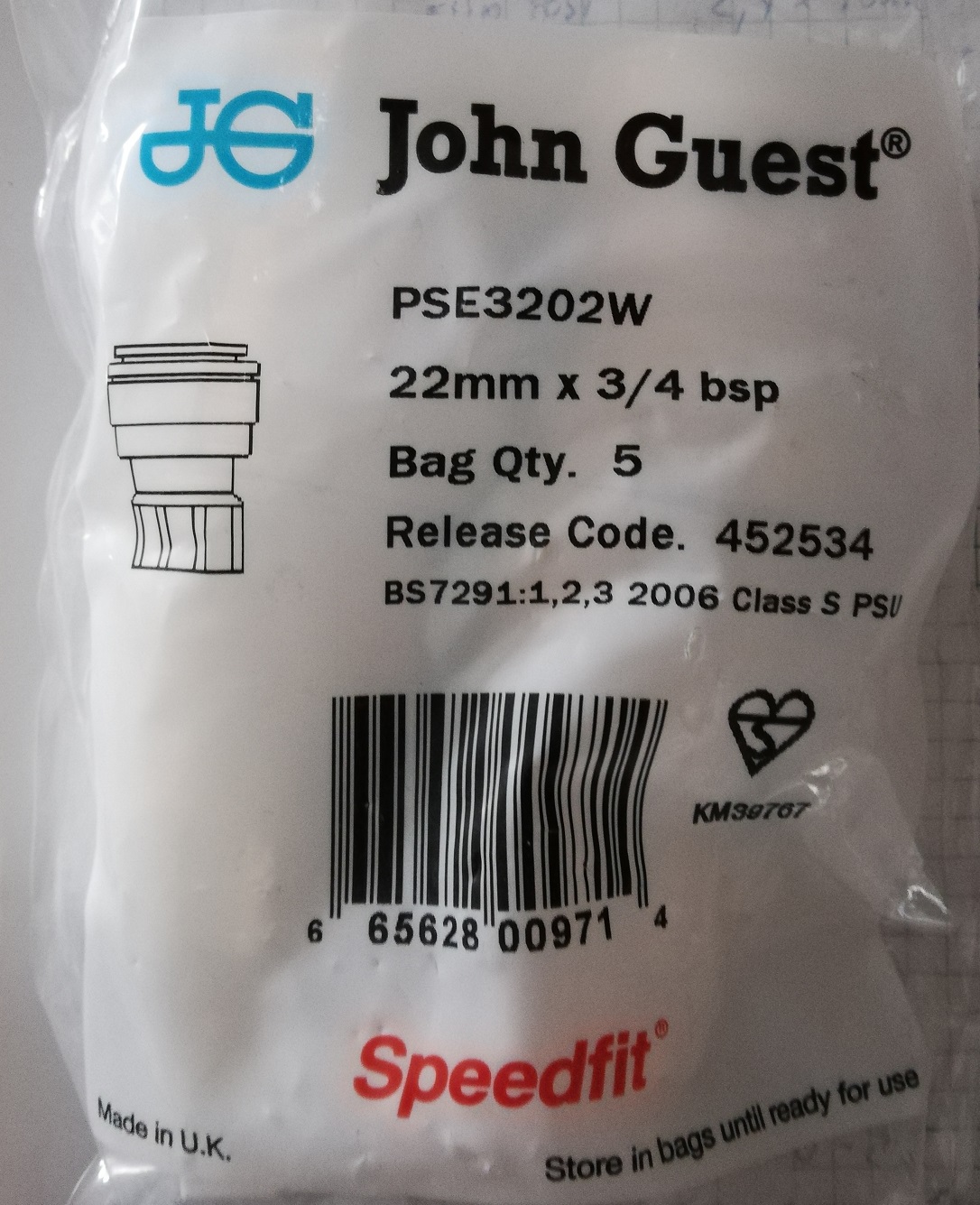 John Guest Schraubmuffe 22mm x 3/4 PSE3202W