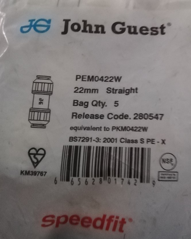 John Guest Verbinder PEM0422W 22mm Speedfit