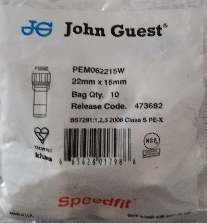 PEM062215W John Guest Reduzierstück gerade 22mm 15mm